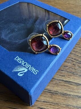 Vintage Swarovski Gold-Tone Red and Purple Crystal Drop Earrings